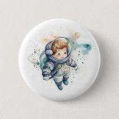 Baby Boy Astronaut Aquarellkleber Button (Vorderseite)