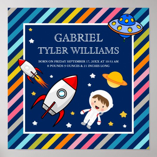 Baby Boy Astronaut Outer Space Rocket Birth Stats Poster (Vorne)