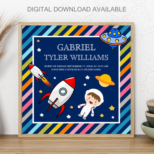 Baby Boy Astronaut Outer Space Rocket Birth Stats Poster