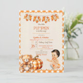 Baby Boy Autumn Kariert Teddy Bear Pumpkin Blätter Einladung (Stehend Vorderseite)