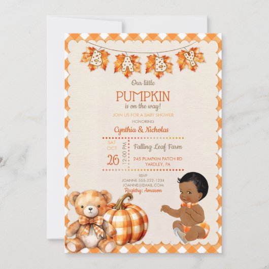 Baby Boy Autumn Kariert Teddy Bear Pumpkin Blätter Einladung (Vorderseite)