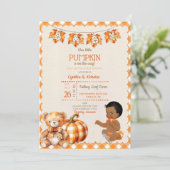 Baby Boy Autumn Kariert Teddy Bear Pumpkin Blätter Einladung (Stehend Vorderseite)