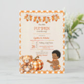 Baby Boy Autumn Kariert Teddy Bear Pumpkin Blätter Einladung (Stehend Vorderseite)