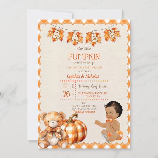 Baby Boy Autumn Kariert Teddy Bear Pumpkin Blätter Einladung (Vorderseite)
