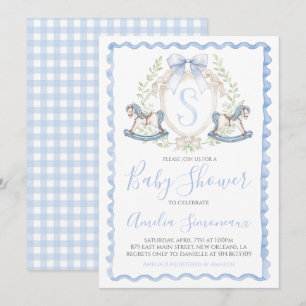 Baby Boy Babyparty Schaukelpferd Preppy Gingham Bl Einladung