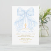 Baby Boy Baptism Blue Bow Einladung (Stehend Vorderseite)