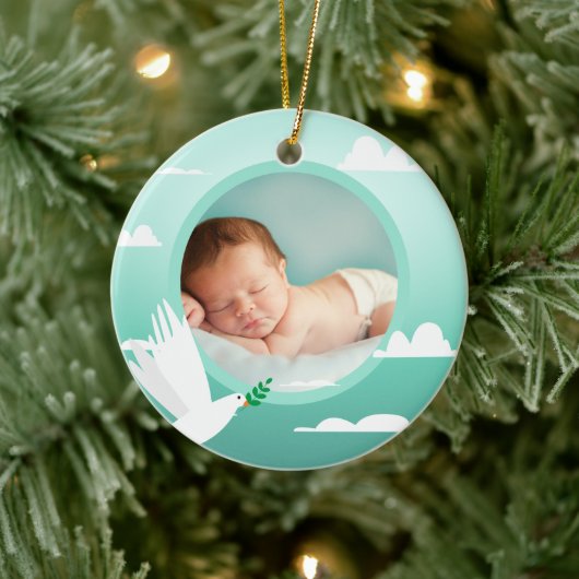 Baby Boy Baptism Dove Clouds Photo Frame Keramik Ornament (Baum)