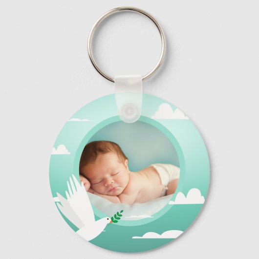 Baby Boy Baptism Dove Clouds Photo Frame Schlüsselanhänger (Vorderseite)
