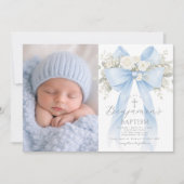 Baby Boy Baptism Photo Floral Eucalyptus Bow Einladung (Vorderseite)