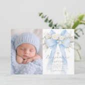 Baby Boy Baptism Photo Floral Eucalyptus Bow Einladung (Stehend Vorderseite)