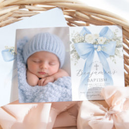 Baby Boy Baptism Photo Floral Eucalyptus Bow Einladung