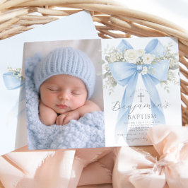Baby Boy Baptism Photo Floral Eucalyptus Bow Einladung