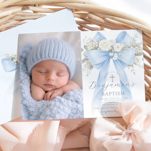 Baby Boy Baptism Photo Floral Eucalyptus Bow Einladung