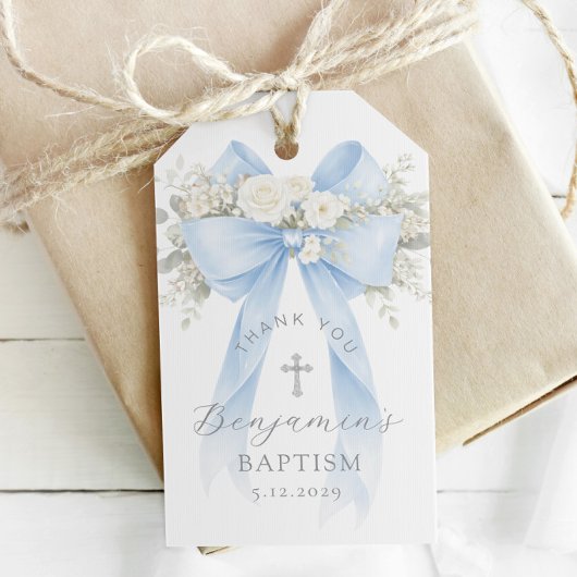 Baby Boy Baptism Silver Cross Floral Bow Geschenkanhänger