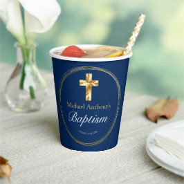 Baby Boy Baptisse Navy Blue Gold Cross Pappbecher