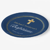 Baby Boy Baptisse Navy Blue Gold Cross Pappteller (Schrägansicht)