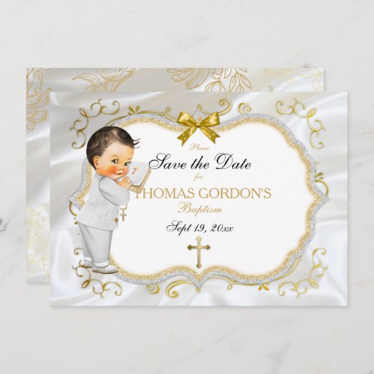Baby Boy Baptisse Rett Date White Gold Cross Save The Date (Vorne/Hinten)