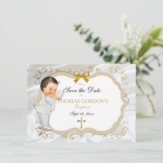 Baby Boy Baptisse Rett Date White Gold Cross Save The Date (Stehend Vorderseite)