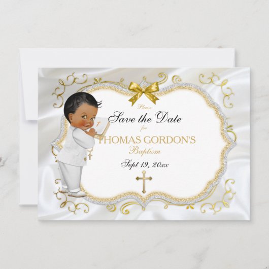 Baby Boy Baptisse Rett Date White Gold Cross Save The Date (Vorderseite)