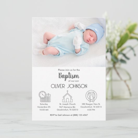 Baby Boy Bautizo Einladung Elegant Moderne Taufe (Stehend Vorderseite)