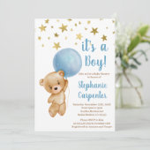 Baby Boy Bear Baby Shower Einladung (Stehend Vorderseite)