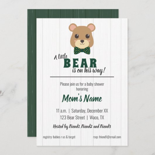 Baby Boy Bear Green & Gold Baby Dusche Einladung (Vorne/Hinten)
