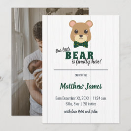 Baby Boy Bear Green & Gold Vertical Baby Ankündigung