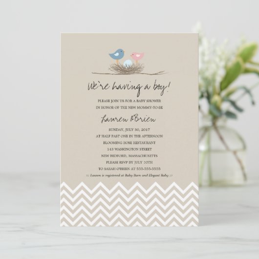 Baby Boy Bird's Nest Baby Shower Einladung (Stehend Vorderseite)