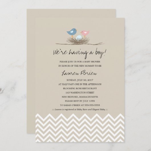 Baby Boy Bird's Nest Baby Shower Einladung (Vorne/Hinten)