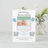 Baby Boy Birth Announcement Blue Elephants Ballon (Stehend Vorderseite)