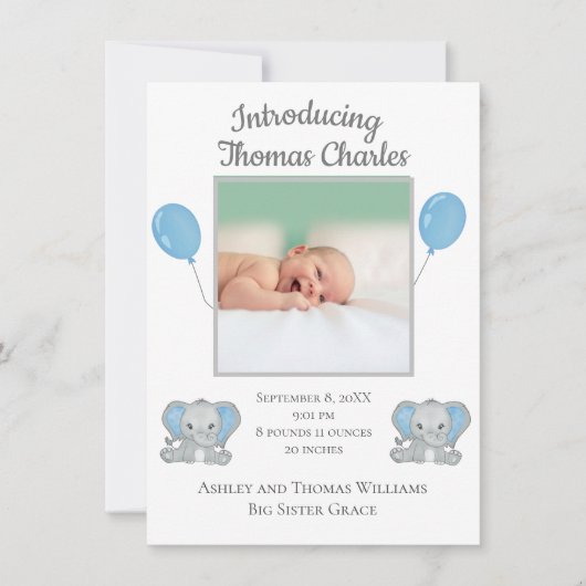 Baby Boy Birth Announcement Blue Elephants Ballon (Vorderseite)