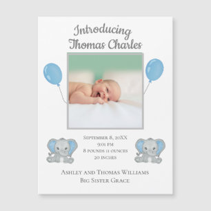 Baby Boy Birth Announcement Blue Elephants Ballon Magnetkarte