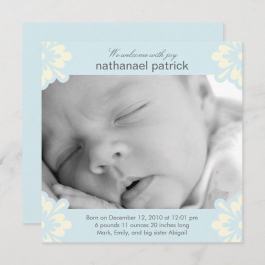 Baby Boy Birth Announcement - Blumenecken Ankündigung (Vorne/Hinten)