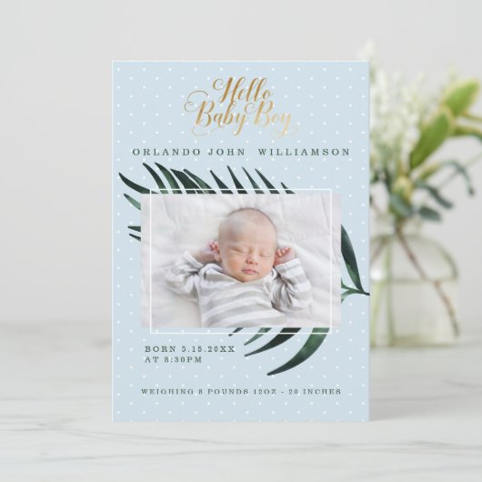 Baby Boy Birth Announcement - Tropical Palm Leaf Ankündigung (Stehend Vorderseite)