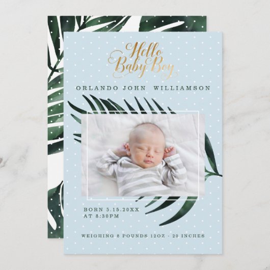 Baby Boy Birth Announcement - Tropical Palm Leaf Ankündigung (Vorne/Hinten)