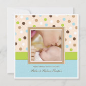 Baby Boy Birth Zwei Fotos in Blau + Grüne Punkte Ankündigung (Rückseite)