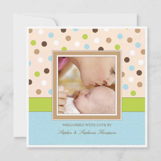 Baby Boy Birth Zwei Fotos in Blau + Grüne Punkte Ankündigung (Rückseite)