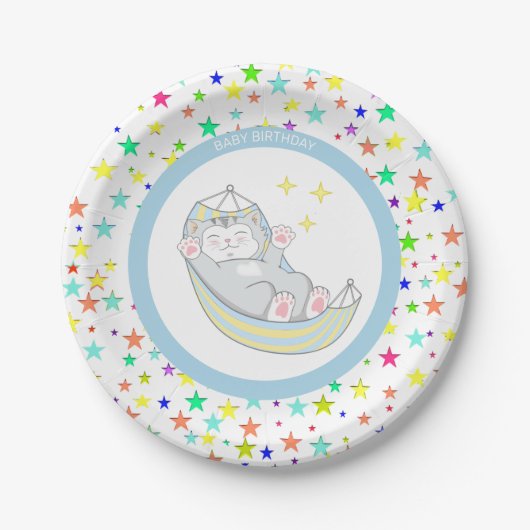 Baby Boy Birthday Kitty Cat & mehrfarbige Stars Pappteller (Vorderseite)