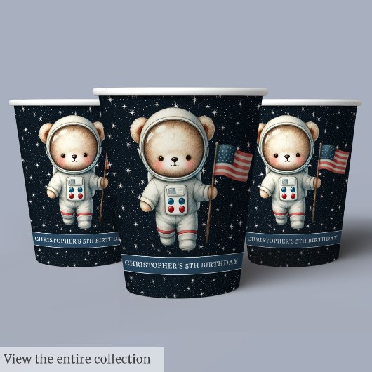 Baby Boy Birthday Paper Cups Teddy Bear Astronaut Pappbecher