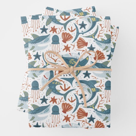 Baby Boy Birthday Shark Thema Party-Muster Geschenkpapier Set (Beispiel)