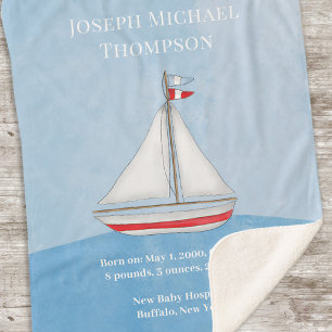Baby Boy Blau Wasserfarbe Segelboot Ozean Nautical Sherpadecke
