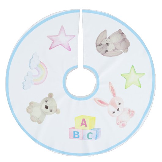 Baby Boy Blocks Bear Rabbit Tiere Weihnachten Polyester Weihnachtsbaumdecke (Vorderseite)