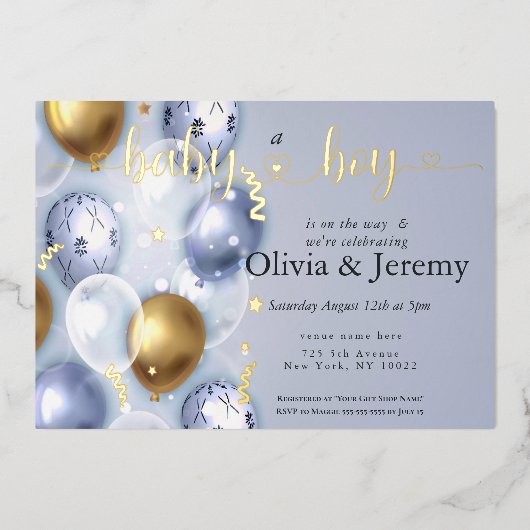 Baby Boy Blue Balloons Babydusche Folieneinladung (Vorderseite)