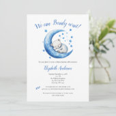 Baby Boy Blue Bear Moon Bearly Wait Baby Dusche Einladung (Stehend Vorderseite)