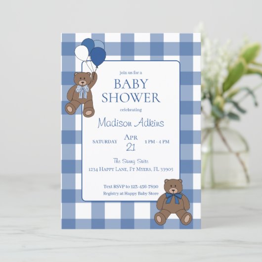 Baby Boy Blue Bearly Teddy Bears Baby Shower Einladung (Stehend Vorderseite)