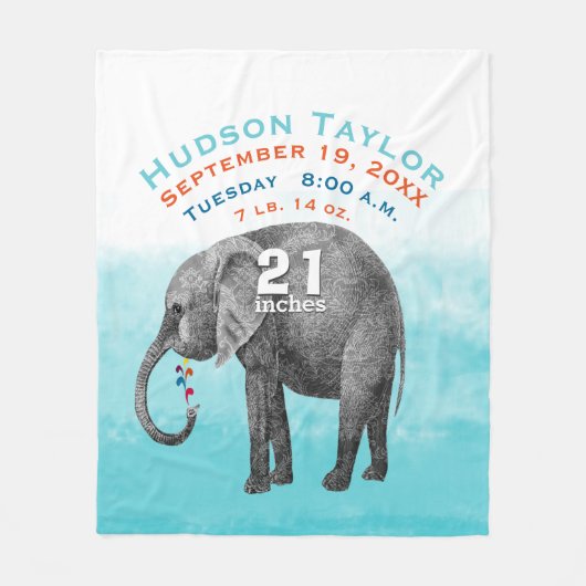 Baby Boy Blue Birth Record Stats Elephant Fleecedecke (Vorderseite)