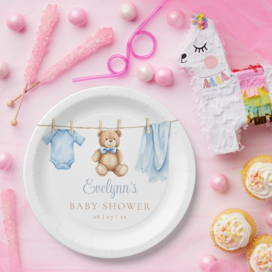 Baby Boy Blue Clothesline Baby Dusche Pappteller (Party)