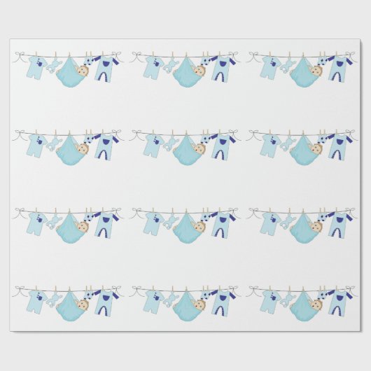 Baby Boy Blue Clothesline Niedlich Wrapping Paper Geschenkpapier (Flach)