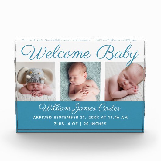 Baby Boy Blue Collage Niedlich Cursive Script Fotoblock (Vorderseite)