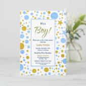 Baby Boy Blue Confetti Baby Dusche Einladung (Stehend Vorderseite)